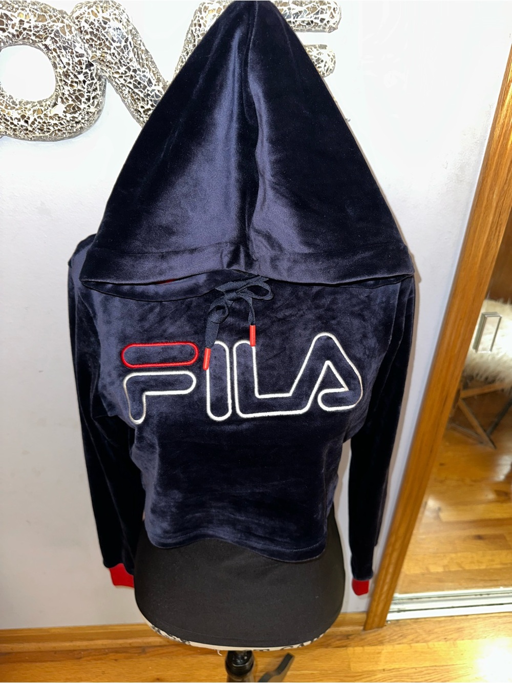 🔴Fila Navy Velour Cropped Hoodie with Red & White Logo
